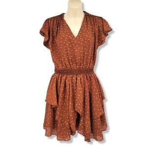 Storia Women's V Neck Smocked Waist Ruffle Tier Hem‎ Dress Size Small